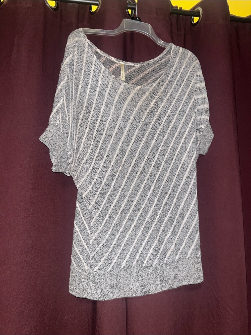 Diagonal Stripe Short-Sleeve Knit Top - Gray and White